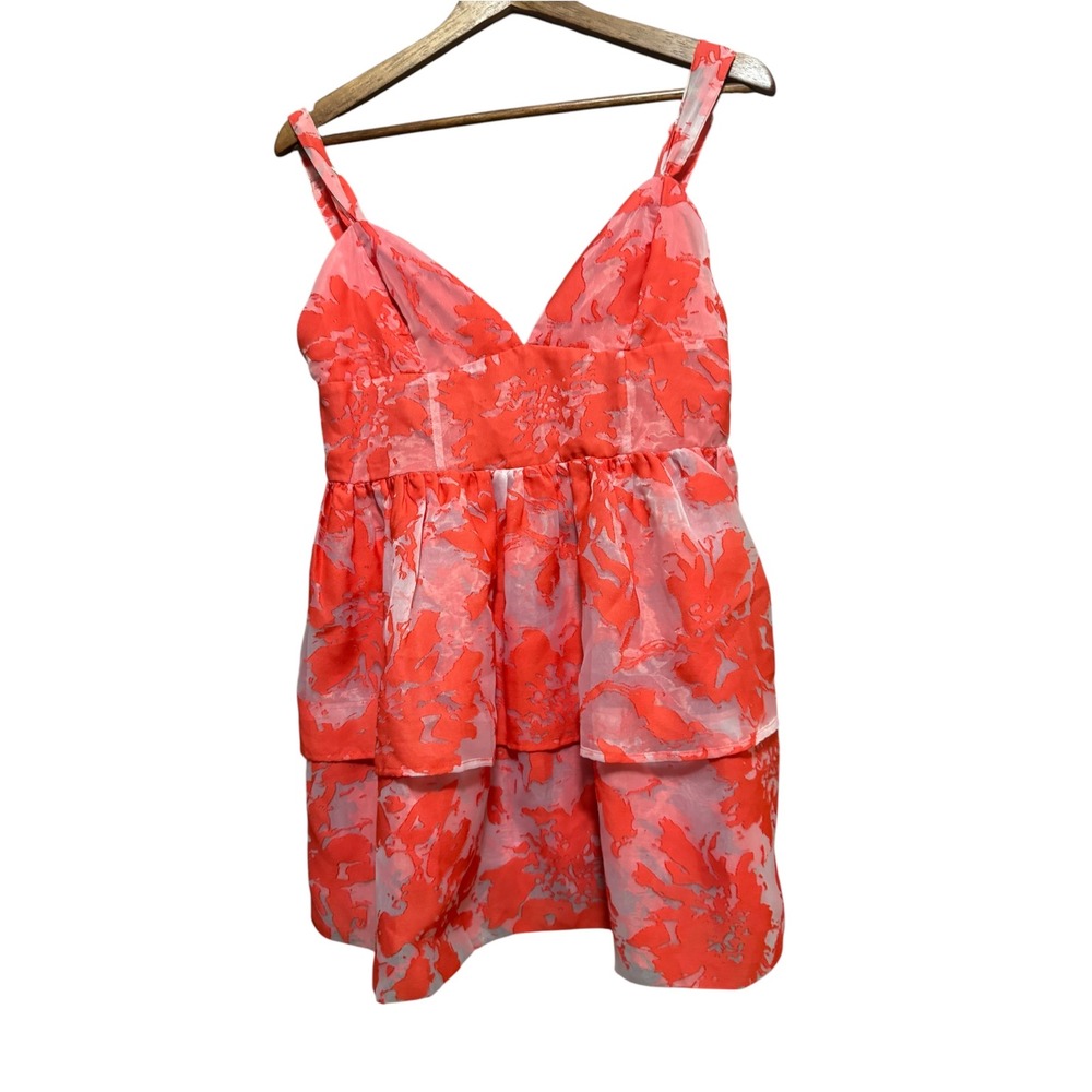 Day + Moon Mini Dress Womens Medium Red Pink Floral Tiered Romper Lining Exc